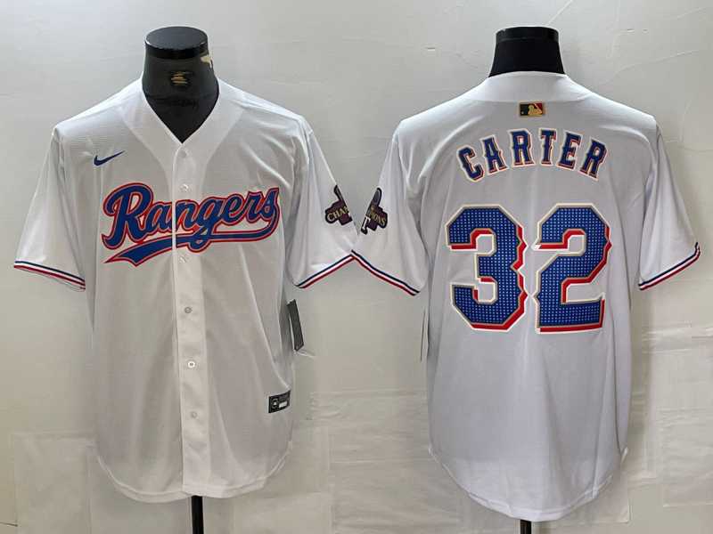 Mens Texas Rangers #32 Evan Carter White 2023 World Series Champions Cool Base Jersey->texas rangers->MLB Jersey